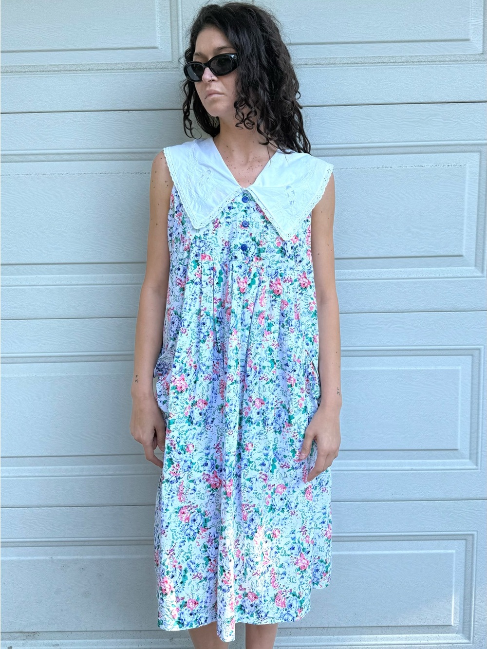 Vintage 80s Floral Midi Dress Big White Collar & Large Side Pockets Cottagecore